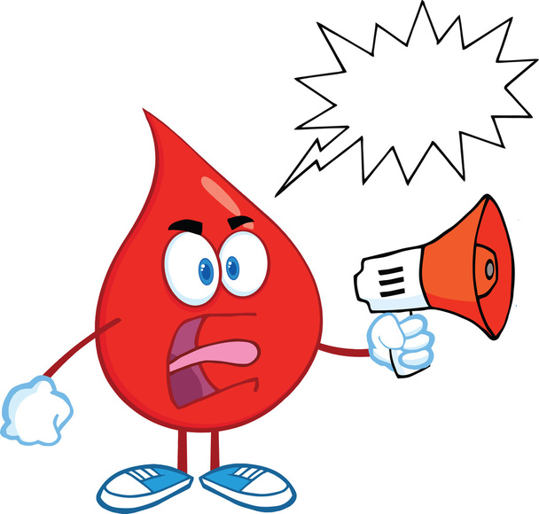 Angry Red Blood Drop Character Screaming into Megaphone with Speech Bubble
 - Фото, изображение
