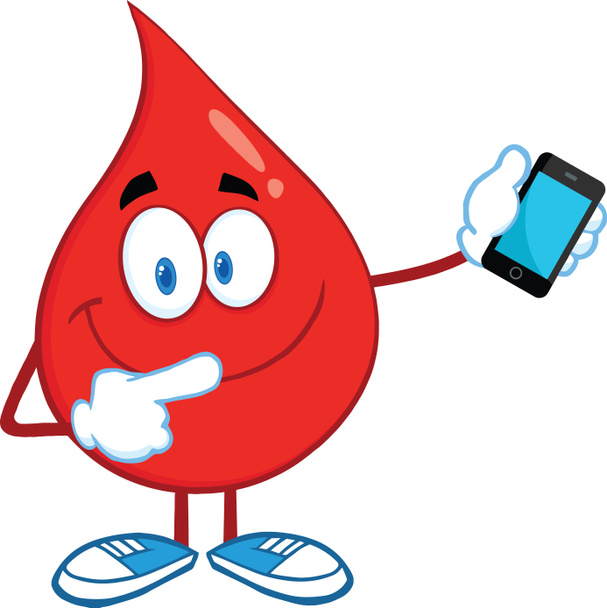 Red Blood Drop Character Pointing To A Mobile Phone - Photo, Image