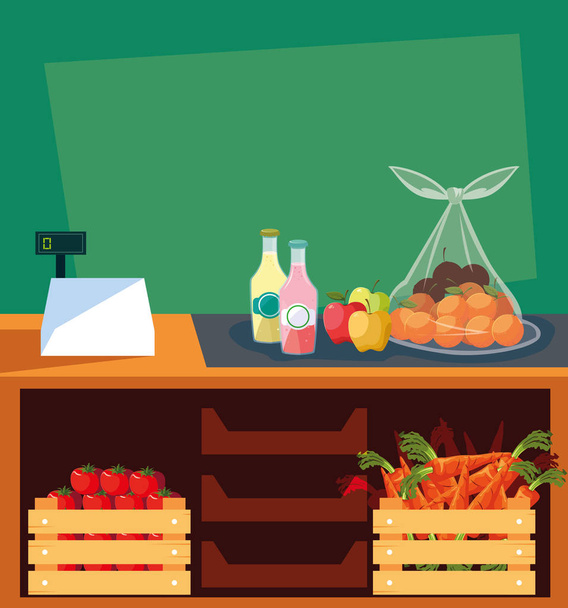 showcase store with fresh food and cash register machine - Vector, Image