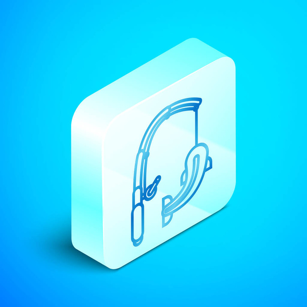 Isometric line Fishing rod and fish icon isolated on blue background. Catch a big fish. Fishing equipment and fish farming topics. Silver square button. Vector Illustration - Vector, Image