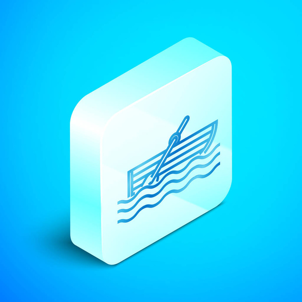 Ισομετρική γραμμή αλιευτικό σκάφος με κουπιά στο εικονίδιο του νερού απομονώνεται σε μπλε φόντο. Ασημί τετράγωνο κουμπί. Απεικόνιση διανυσματικών φορέων - Διάνυσμα, εικόνα