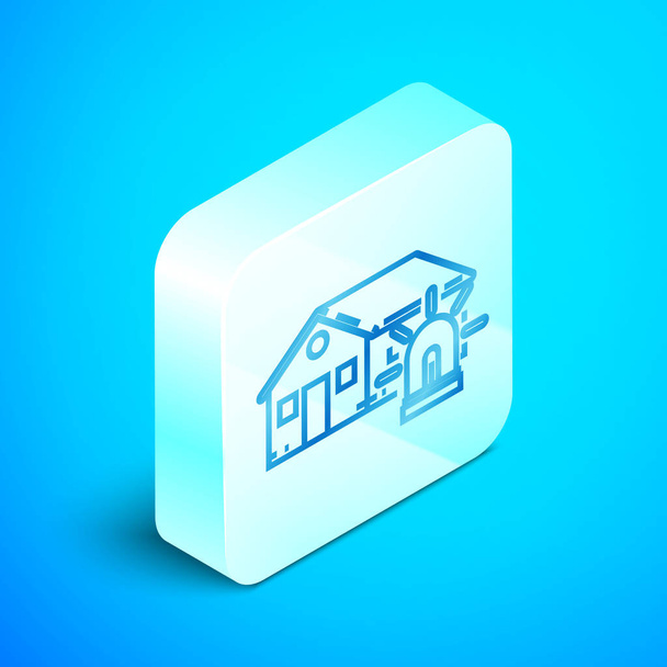 Izometrická čára elegantní dům a ikona alarmu izolované na modrém pozadí. Bezpečnostní systém chytrého domova. Stříbrné čtvercové tlačítko. Vektorová ilustrace - Vektor, obrázek