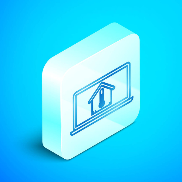 Isométrico portátil de línea con icono de temperatura de la casa aislado sobre fondo azul. Icono del termómetro. Botón cuadrado plateado. Ilustración vectorial
 - Vector, Imagen