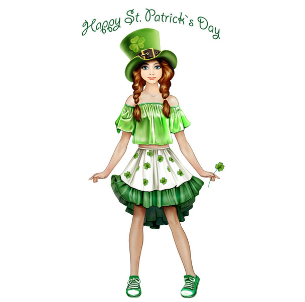 Kaunis punainen tukka tyttö punokset vihreissä vaatteissa tilalla shamrock lehtiä, tervehdys Saint Patricks Day kortti, eristäytynyt hahmo valkoisella taustalla
 - Valokuva, kuva