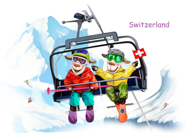 Kaksi lammasta suksilla Sveitsin hiihtokeskuksessa, sarjakuvaeläimiä hiihtohississä lumisilla vuorilla, hauskoja matkailusarjakuvia
 - Valokuva, kuva