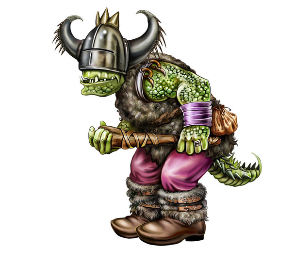 Green troll with baton, cartoon goblin, evil muscular orc, fairytale character isolated on white background - Photo, Image