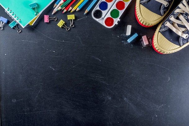 School education supplies on chalkboard backdrop - Photo, Image