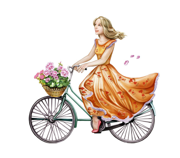 Beautiful girl in dress riding bicycle, happy woman with basket of flowers, fluttering hair, isolated character on white background - Fotoğraf, Görsel