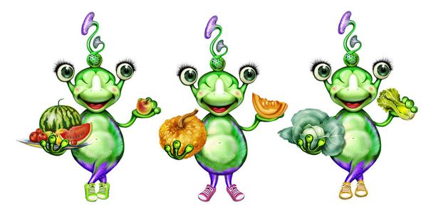 Aliens set with vegetarian food, fruits and vegetables, healthy lifestyle, isolated characters on white background - Photo, Image