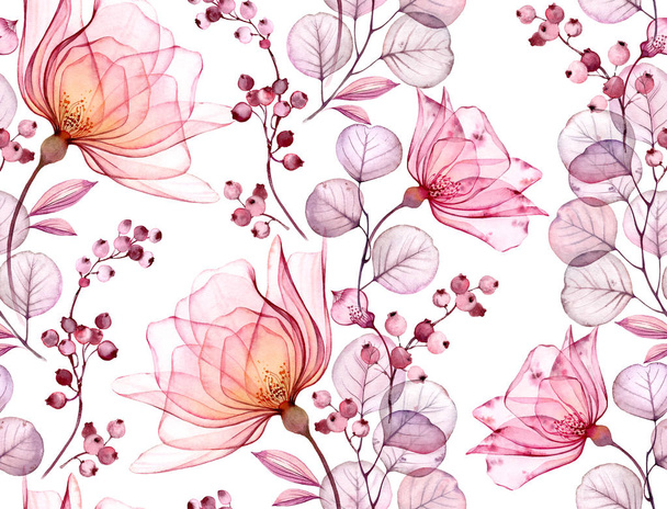 Transparent rose watercolor seamless pattern. Hand drawn floral illustration with pink berries for wedding design, surface, textile, wallpaper - Foto, Imagen