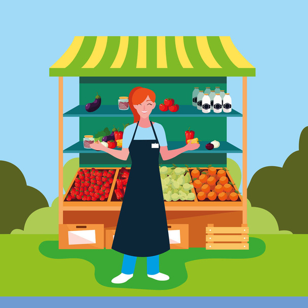 saleswoman stall kiosk of store vegetables and fruits - Vector, Image