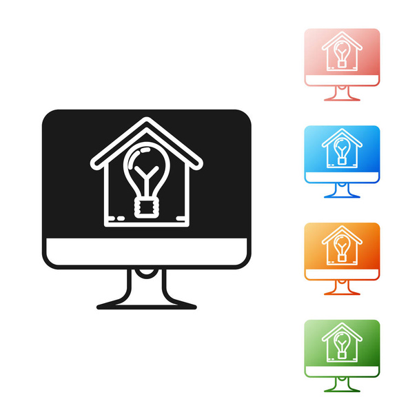 Black Computer monitor with smart house and light bulb icon isolated on white background. Set icons colorful. Vector Illustration - Vetor, Imagem