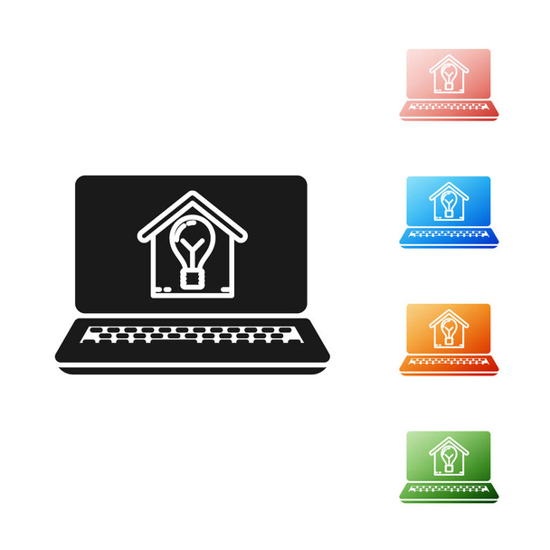 Czarny laptop z inteligentnym domem i ikoną żarówki na białym tle. Ustaw kolorowe ikony. Ilustracja wektorowa - Wektor, obraz