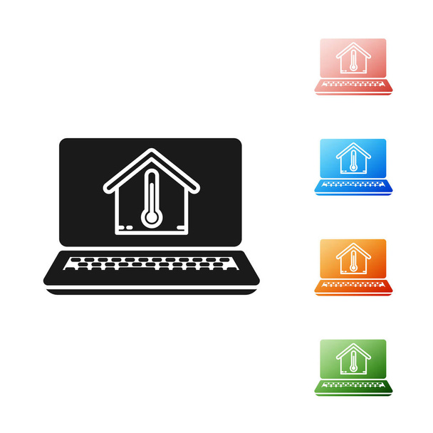 Black Laptop with house temperature icon isolated on white background. Thermometer icon. Set icons colorful. Vector Illustration - Vector, Image