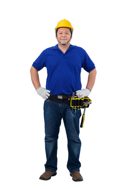 stavební pracovníci na modré košili s ochrannými rukavicemi h - Fotografie, Obrázek