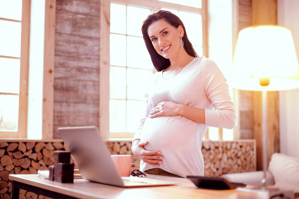 Charming brunette woman demonstrating her happy pregnancy - Фото, изображение