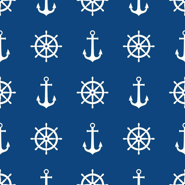 Anker en schip wiel naadloze patroon ontwerp. Vector nautische zee patroon afdrukken, witte schip wiel en anker op blauwe achtergrond. - Vector, afbeelding