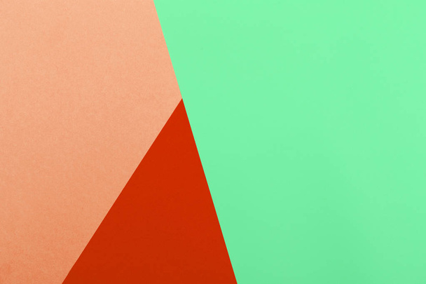 Paper red, orange, green, pastel empty background, geometrically located. Color blank for presentations, copy space. - Foto, Imagem
