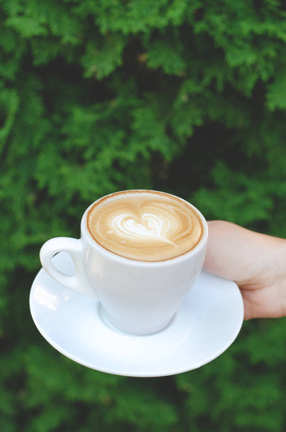 Чашка кофе в руке на фоне зеленого растения
.  - Фото, изображение