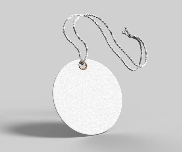 Blank tag tied with string. Price tag, gift tag, sale tag, address label isolated. 3d render illustration - 写真・画像