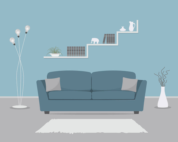 Blue living room with sofa and floor lamp. There are also shelves with books and home decor, a vase with decorative branches in the picture. Vector flat illustration. - Vector, Image