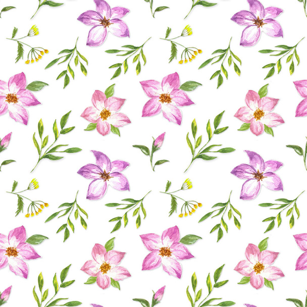 Pattern with wildflowers and grass on a white background. Watercolor - Photo, Image