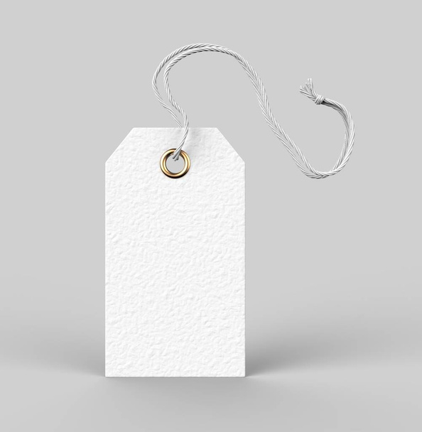 Blanco label vastgebonden met touw. Prijskaartje, cadeau-tag, sale tag, adreslabel geïsoleerd op grijze achtergrond. 3d illustratie weergeven - Foto, afbeelding