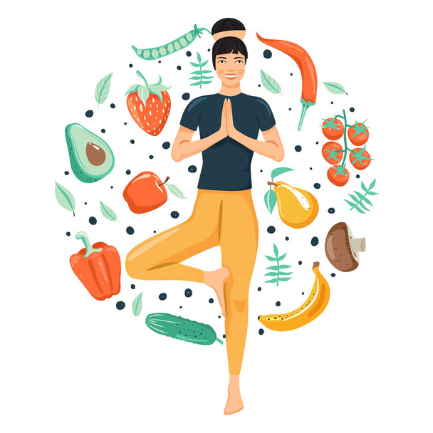 Egészséges életmód koncepció. Vonzó fiatal nő gyakorló jóga. Zöldség-és gyümölcskészlet. - Vektor, kép