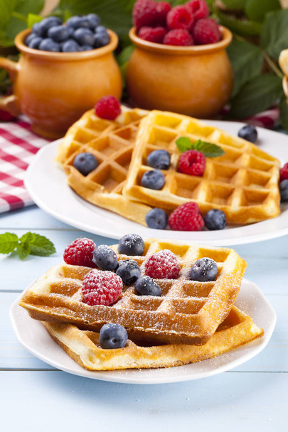 Homemade waffles with fruit  - Фото, зображення