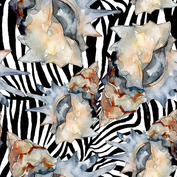 Summer beach seashell tropical elements. Watercolor illustration set. Seamless background pattern. - Foto, Bild