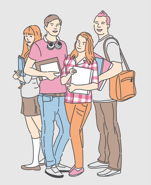 Sırt çantaları ve ders kitapları ile öğrencilerin Komik grup, üniversite eğitimi kavramı  - Vektör, Görsel