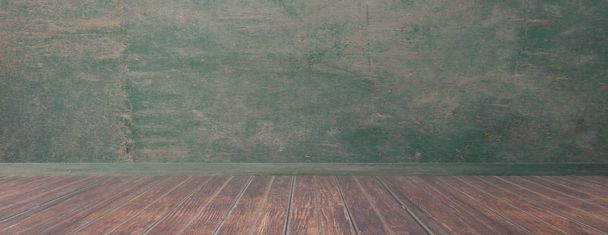 Empty room, rustic wood floor and green wall, banner, copy space. 3d illustration - Photo, Image