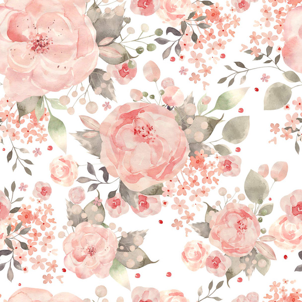 Bright colorful seamless pattern with flowers of roses and peony.  - Photo, Image