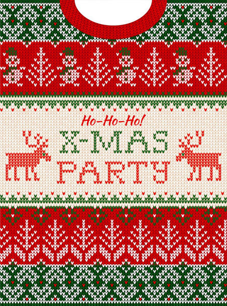 Ugly sweater Christmas party invite. Knitted background pattern scandinavian ornaments. - Vector, Image