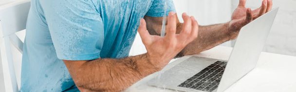 tiro panorámico del hombre emocional gesto cerca de la computadora portátil en la cocina
  - Foto, Imagen