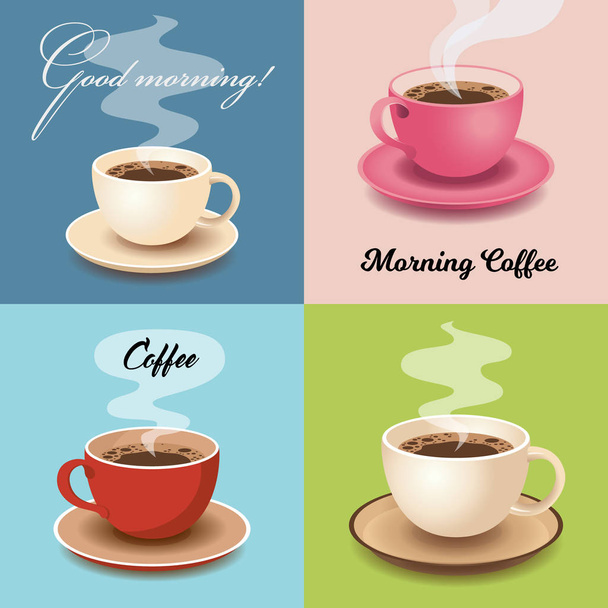 Набор карт с чашками свежего утреннего кофе
 - Вектор,изображение
