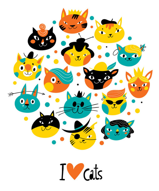 Χαριτωμένο διάνυσμα vintage στυλ σχεδιασμό με χαρακτήρες των γάτων και Ki - Διάνυσμα, εικόνα