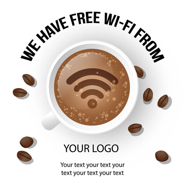 Cup of Fresh Coffee with Internet Wireless Advertisment - Vector, Image