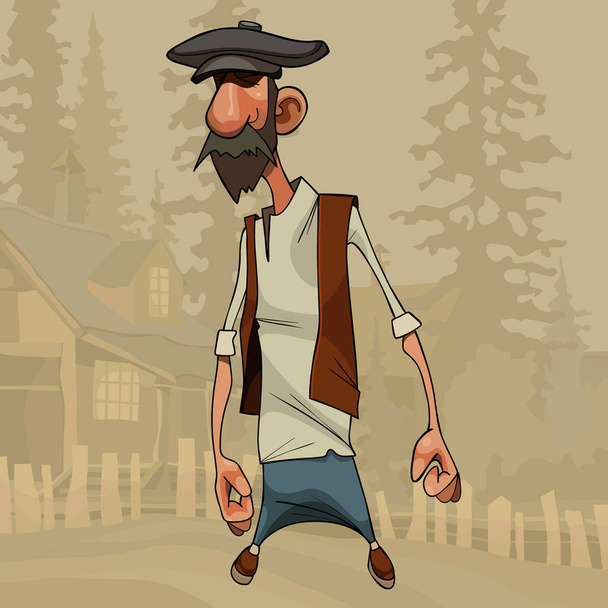 cartoon village man in a cap stands on the background of the village - Vektör, Görsel
