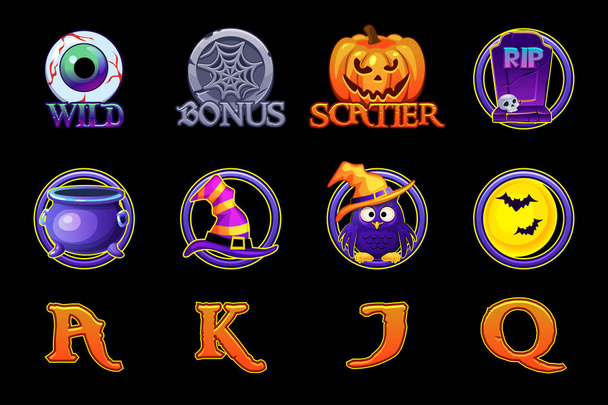 Halloween ranuras iconos. Establecer iconos para máquinas tragamonedas en estilo Halloween
 - Vector, Imagen