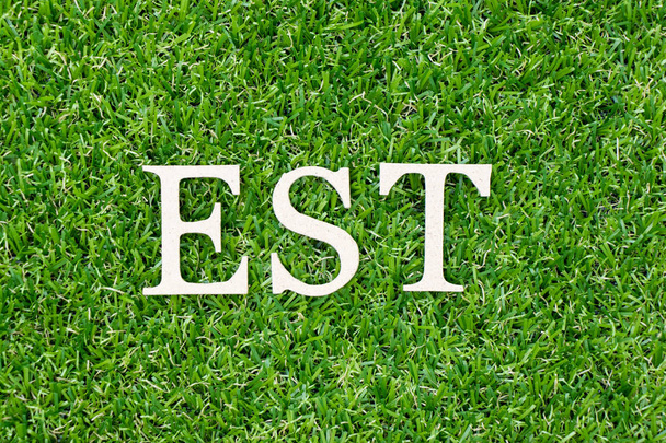 Legno lettera in parola est (abbreviazione di stabilito, stimato, fuso orario orientale, tag sequenza espressa) su sfondo erba verde
 - Foto, immagini
