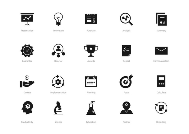 Set van zwarte Solid Business iconen geïsoleerd op lichte achtergrond. Bevat dergelijke iconen planning, Awards, concept, educatie en meer. - Vector, afbeelding