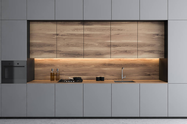 Gray minimalistic kitchen with countertops - Фото, изображение