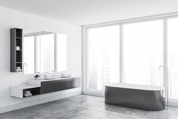 Panoramic white tile bathroom corner, tub and sink - Fotó, kép