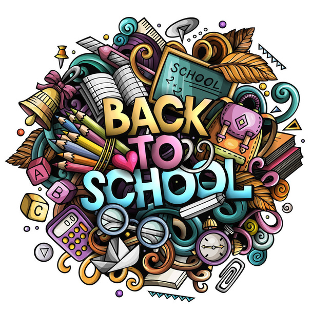 Cartoon cute doodles Back to School phrase. Colorful illustration - Photo, Image
