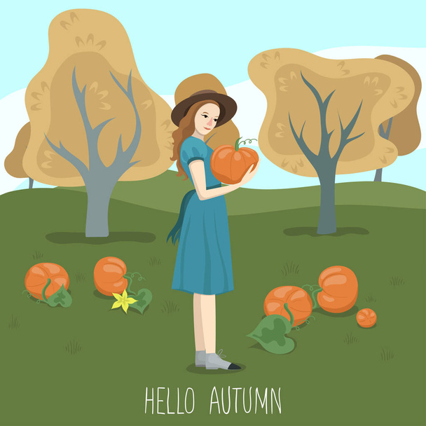 Girl on the field with pumpkins holding a pumpkin. Vector graphics. - Vector, Image