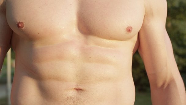 CERRAR: Masculino musculoso irreconocible se para bajo el sol de verano después de un divertido entrenamiento al aire libre. Buen tiro de sudorosos abdominales masculinos brillando bajo el sol. Hombre joven atlético desconocido flexionando su abdomen
. - Metraje, vídeo