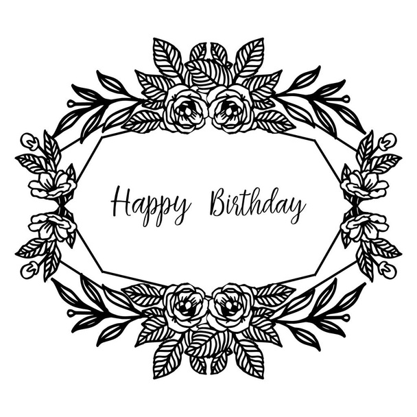 Schriftzug "Happy Birthday", Design schöner schwarzer weißer Blumenrahmen, Einladungskarte zur Feier. Vektor - Vektor, Bild