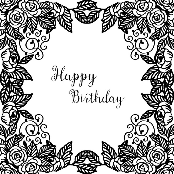 Designkarte Happy Birthday, verziert mit schwarzem weißen Blumenrahmen, für Kartentapeten. Vektor - Vektor, Bild