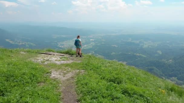 AÉRIAL : Survoler un touriste féminin actif en regardant un paysage pittoresque depuis un sommet herbeux. Belle vue de la vallée verdoyante en dessous d'une femme sportive qui a atteint le sommet d'une colline verdoyante dans les Alpes
 - Séquence, vidéo